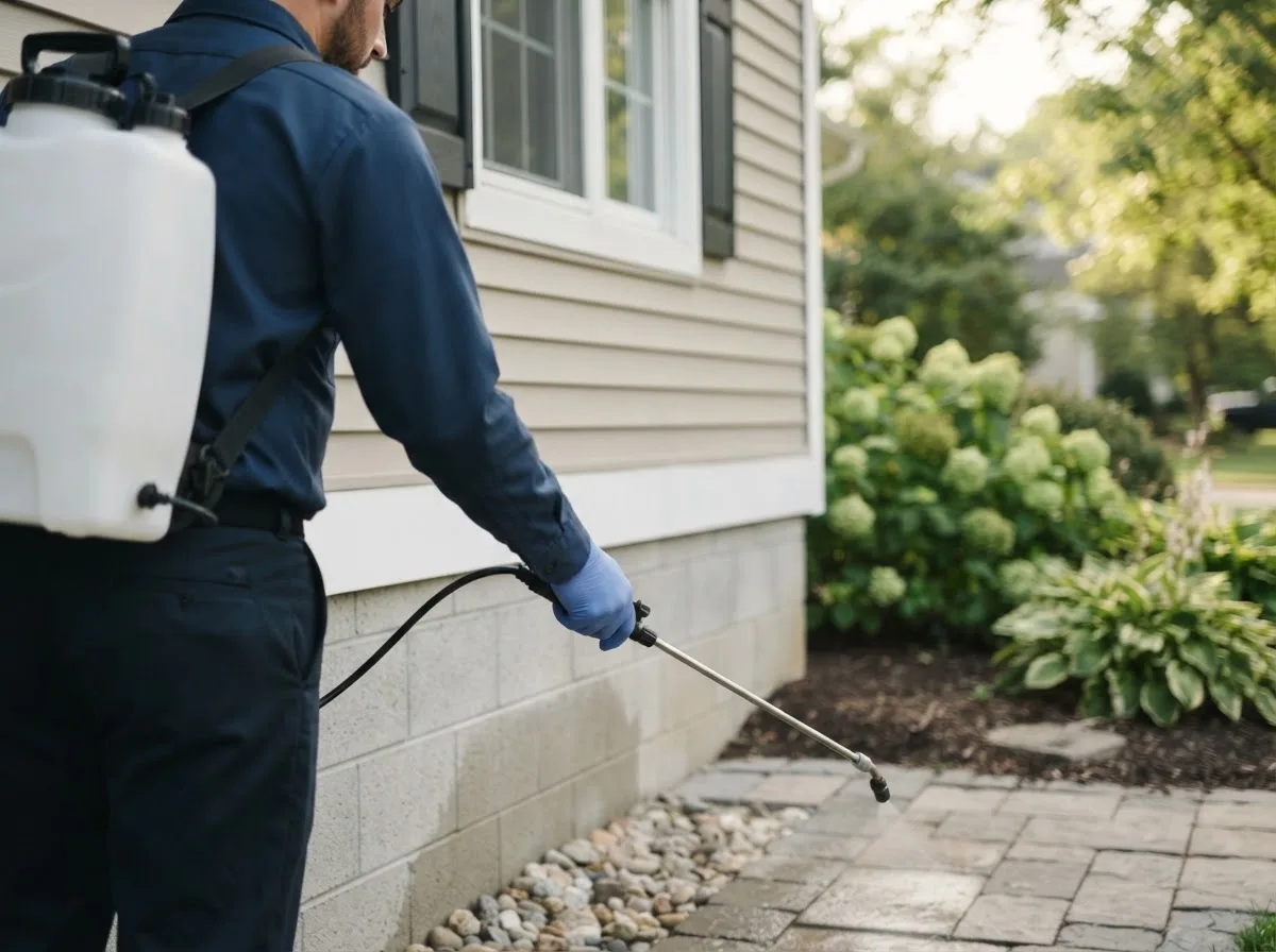 Pest control technician inspecting a home in Peak, SC